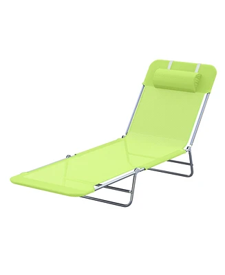 Outsunny Portable Sun Lounger, Lightweight Folding Chaise Lounge Chair w/ Adjustable Backrest & Pillow for Beach, Poolside and Patio, Green