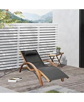 Outsunny Outdoor Chaise Wood Lounge Chair with Pillow, Armrests, Breathable Sling Mesh and Comfortable Curved Design for Patio, Deck, and Poolside