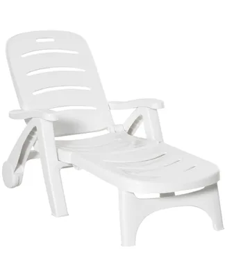 Outsunny Folding Chaise Lounge Chair on Wheels, Lightweight Plastic Patio Sun Recliner with 5 Position Backrest for Beach & Pool, White