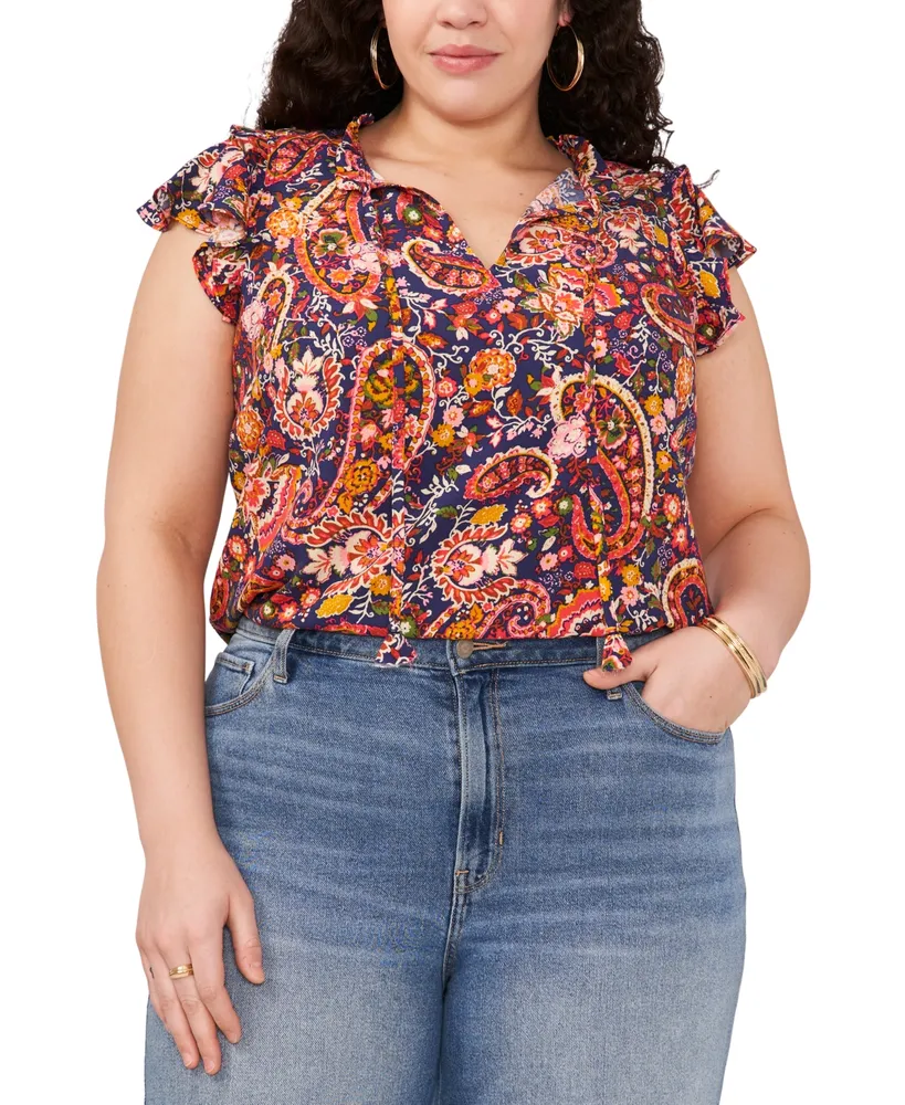 Vince Camuto Plus Size Flutter-Sleeve Tie-Neck Top