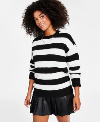 Bar Iii Petite Fuzzy Striped Crewneck Drop-Shoulder Sweater, Created for Macy's