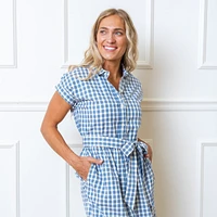 Hope & Henry Women's Short Sleeve Button Front Tiered Maxi Dress with Waist Sash