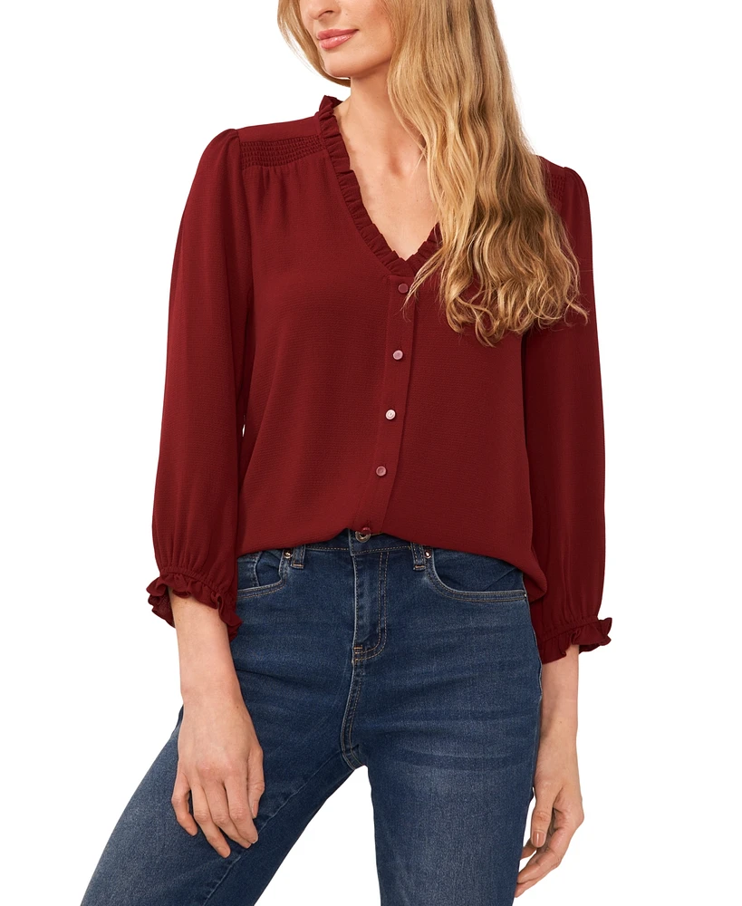 CeCe Women's Ruffled Button Front 3/4-Sleeve Blouse