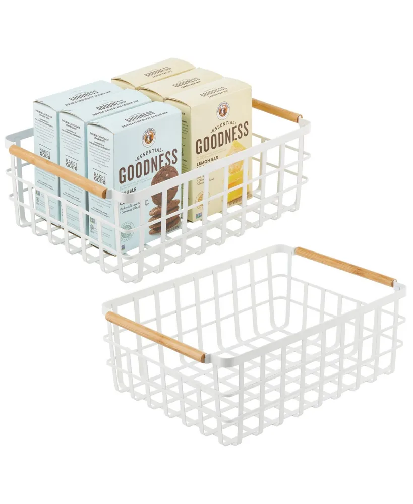 mDesign Metal Wire Organizer Basket, Bamboo Handles, Large - 2 Pack, Matte White/Natural