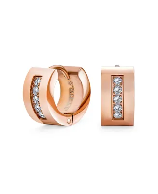 Bling Jewelry Unisex Channel Set 3 Row Cubic Zirconia Cz K-pop Wide Mini Hoop Huggie Earrings For Men For Women Rose Gold Plated Steel Stainless