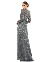 Mac Duggal Women's Beaded Long Sleeve Evening Gown