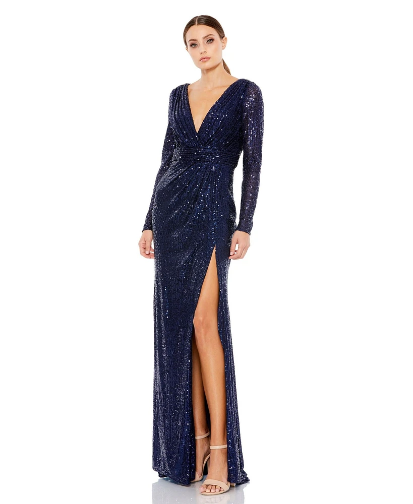 Mac Duggal Women's Ieena Sequined Long Sleeve Gown