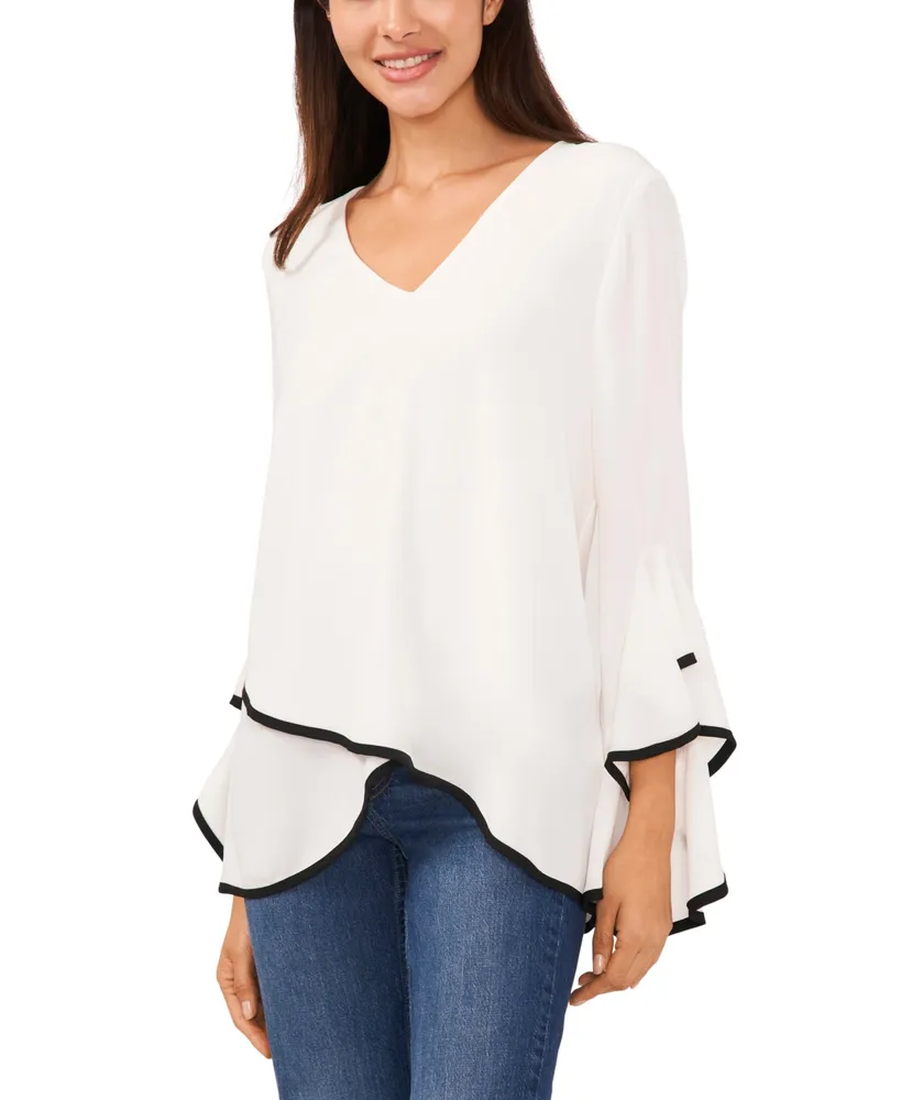 Vince Camuto Women's Woven V-neck Contrast Flutter Sleeve Top