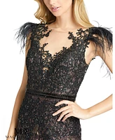 Mac Duggal Women's Embellished Feather Cap Sleeve Illusion Neck Trumpet Gown