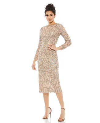 Women's Embellished Long Sleeve Column Dress