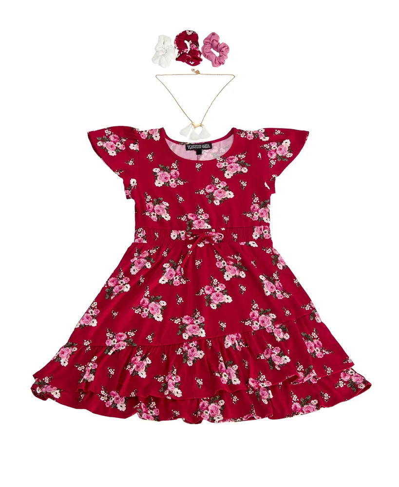 Trixxi Big Girls Short Sleeve Printed Dress, Scrunchie and Necklace Set