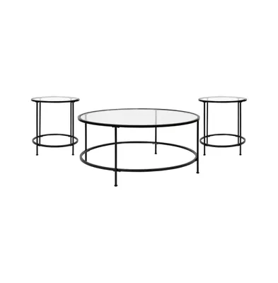 Merrick Lane Newbury Round Glass Coffee Table Set - 3 Piece Glass Table Set With Metal And Vertical Legs