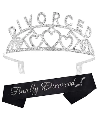 Meant2tobe Divorce Decorations Party Sash and Tiara for Women - Fabulous Set: Finally Divorced Glitter Sash + silver Rhinestone Premium Metal Tiara