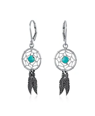 Bling Jewelry Blue Turquoise Western Jewelry Dream Catcher Feather Dangle Earrings For Women Teen .925 Sterling Silver