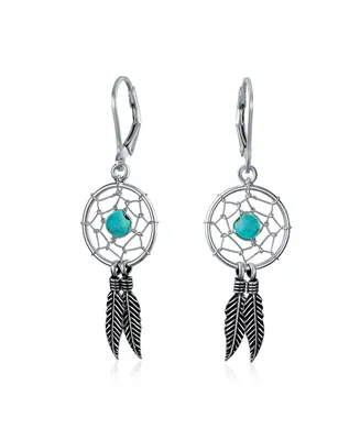 Bling Jewelry Blue Synthetic Turquoise Dream Catcher Feather Dangle Earrings For Women Sterling Silver