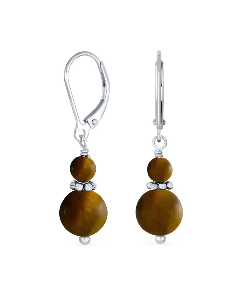 Bling Jewelry Natural Brown Tiger Eye Bali Milgrain Edged Beaded Rondel Separator Double Ball Round Drop Dangle Earrings Sterling Silver Lever back