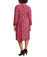 London Times Plus Smocked-Trim Long-Sleeve Dress