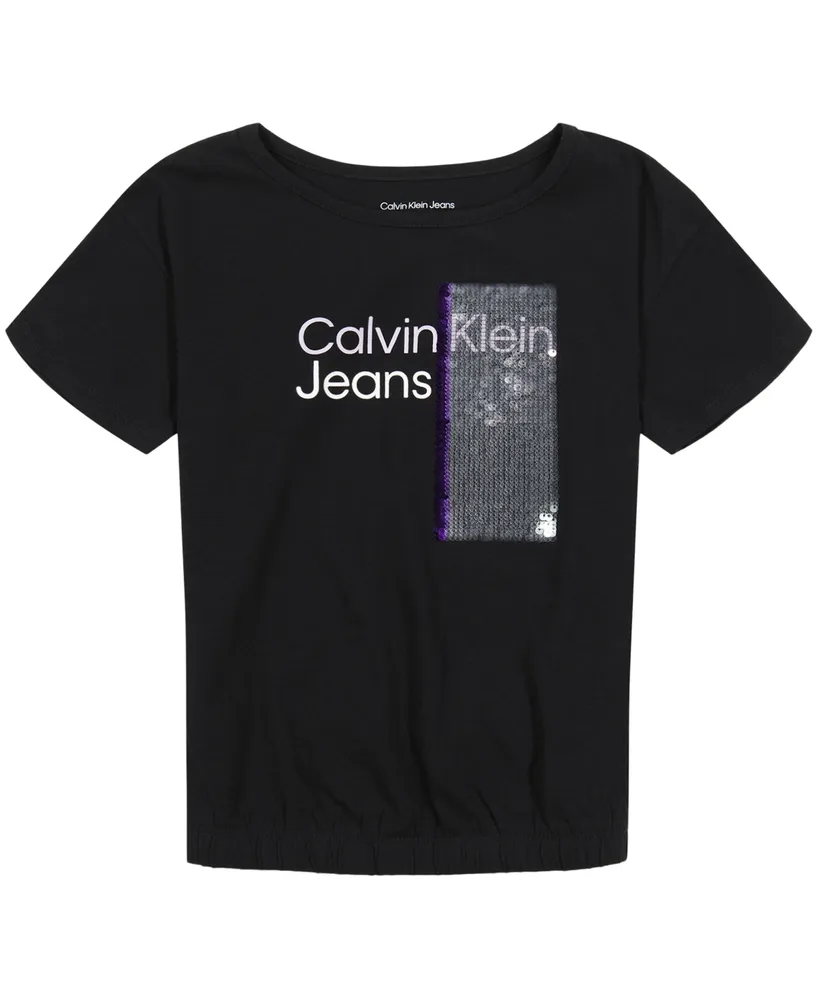 Calvin Klein Big Girls Flip Sequin Elastic Hem Logo T-shirt