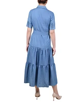 Ny Collection Women's Short Sleeve Belted Chambray Dress
