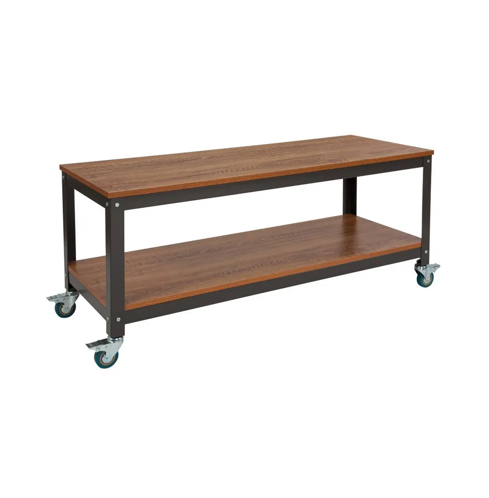 Emma+Oliver Tv Stand In Wood Grain Finish With Metal Wheels