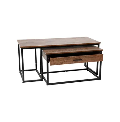 Merrick Lane Corsica Coffee Table 2 Piece Wood Grain Surface Metal Frame Nesting Coffee Table With Storage