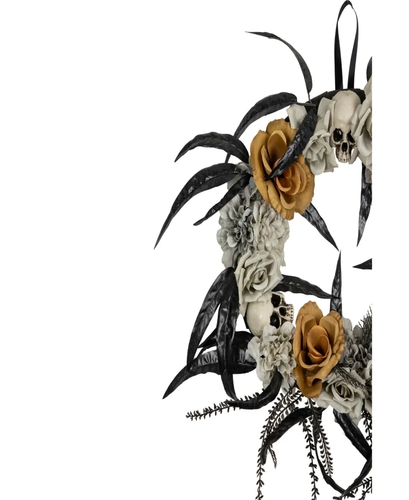 Skulls with Roses Halloween Wreath, 14" Unlit
