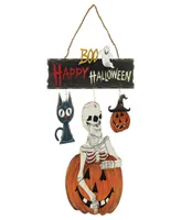 14.5" Skeleton with Jack-o'-Lanterns and Cat "Happy Halloween" Hanging Decoration