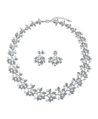 Bling Jewelry Bridal Large Fashion Leaves Leaf Motif Simulated White Pearl Cubic Zirconia Pave Cz Leaf Bib Statement Necklace Jewelry Set For Women We
