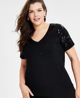 I.n.c. International Concepts Plus Raining Sequin V-Neck Top, Created for Macy's