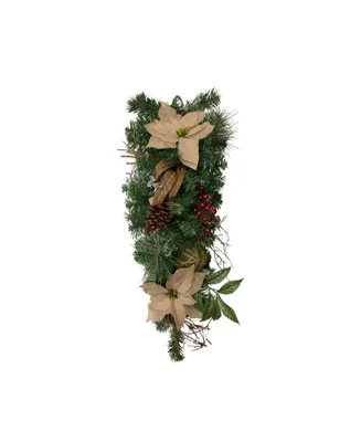 28" Mixed Pine Berry and Poinsettia Artificial Christmas Teardrop Swag - Unlit