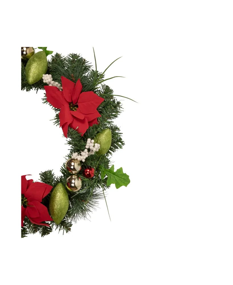 Decorated Poinsettia and Pine Artificial Christmas Wreath 24" Unlit