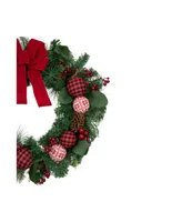 Bow and Mixed Foliage Artificial Christmas Wreath with Ornaments 30"