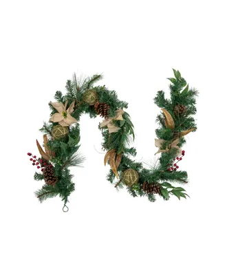 6' x 10" Burlap Poinsettia Moss Ball Mixed Pine and Berries Christmas Garland - Unlit