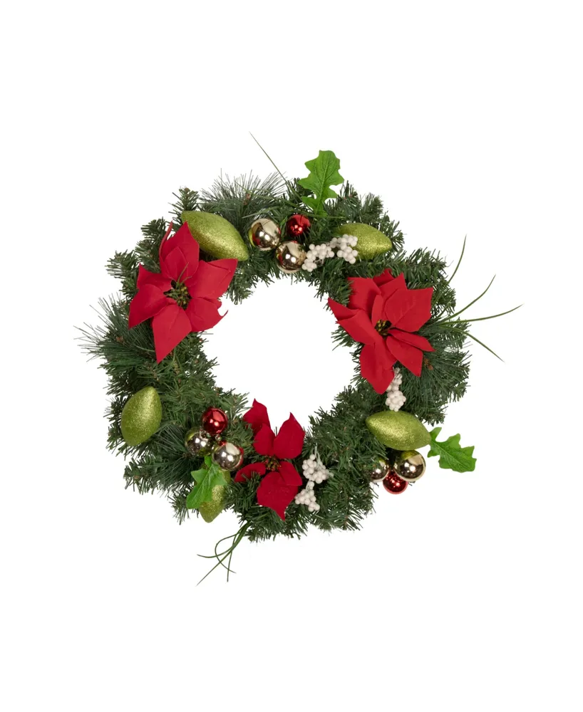 Decorated Poinsettia and Pine Artificial Christmas Wreath 24" Unlit