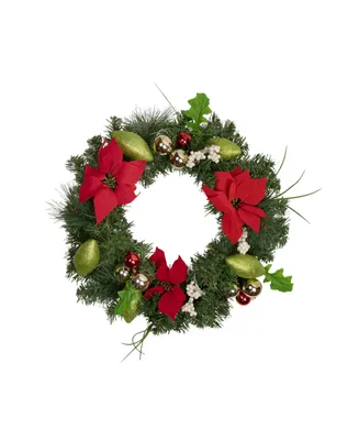 Decorated Poinsettia and Pine Artificial Christmas Wreath 24" Unlit