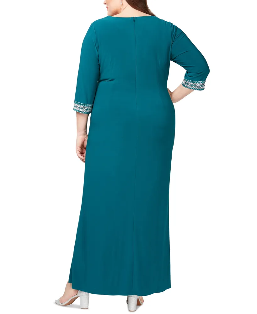 Alex Evenings Plus Size Embroidered-Cuff Draped-Front Gown