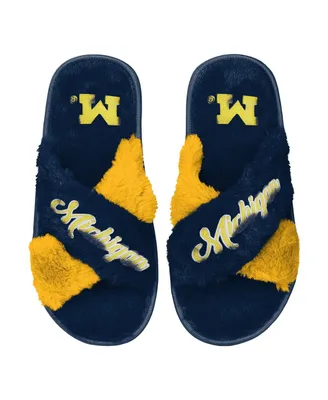 Women's Foco Navy Michigan Wolverines Two-Tone Crossover Faux Fur Slide Slippers