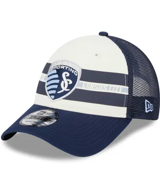 Men's New Era White, Navy Sporting Kansas City Team Stripes 9FORTY Trucker Snapback Hat
