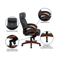 Emma+Oliver High Back Leather Executive Swivel Ergonomic Office Chair With Synchro-Tilt Mechanism, Mahogany Wood Base And Arms