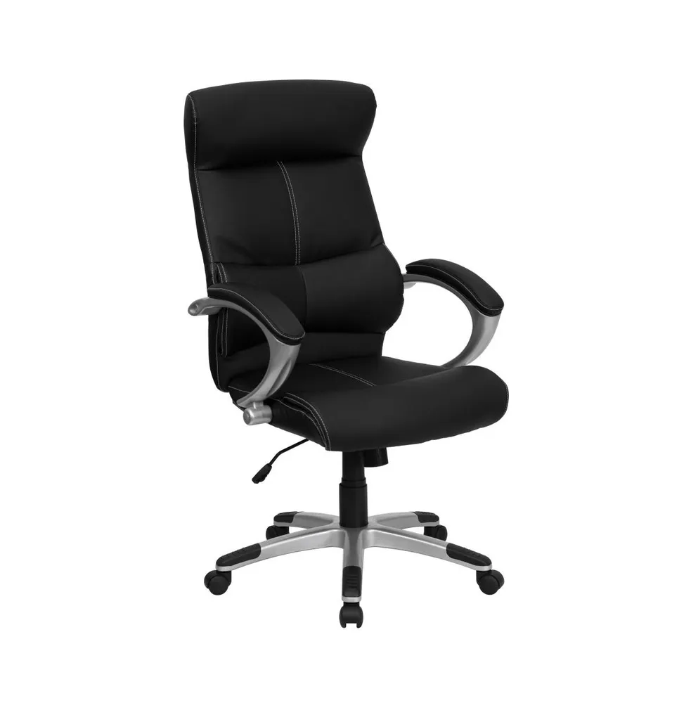 Emma+Oliver High Back Leather Executive Swivel Office Chair With Curved Headrest And White Line Stitching