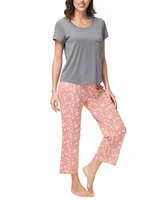 Ink+Ivy Women's 2 Piece Short Sleeve Top with Cropped Wide Leg Pants Pajama Set