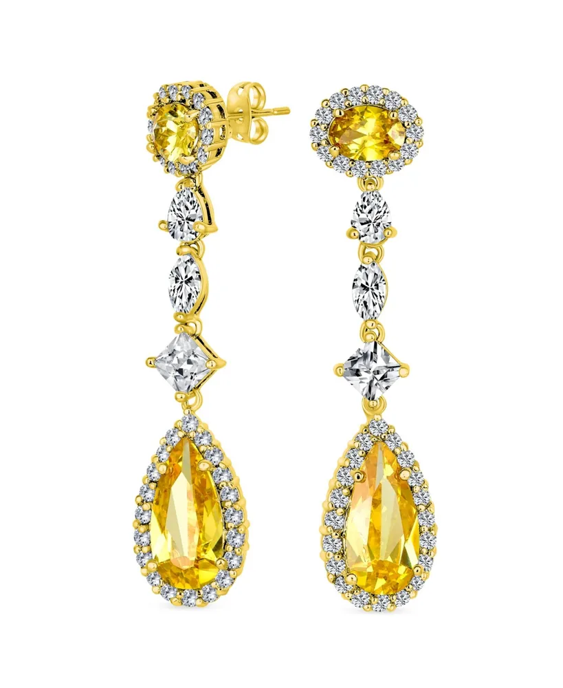 Bling Jewelry Canary Yellow Cubic Zirconia Halo Long Pear Solitaire Teardrop Cz Statement Dangle Chandelier Earrings Pageant Bridal Party Gold Plated