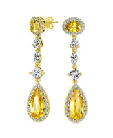 Bling Jewelry Canary Yellow Cubic Zirconia Halo Long Pear Solitaire Teardrop Cz Statement Dangle Chandelier Earrings Pageant Party Gold Plated - Gold