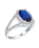 Bling Jewelry Classic 10CT Cz Royal Blue Halo Statement Oval Solitaire Promise Ring With Split Shank Thin Band Silver Plated