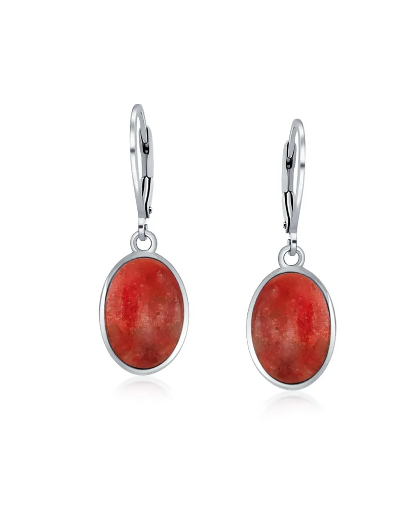 Bling Jewelry 3Ct Natural Red Coral Dome Oval Western Style Bezel Set Lever Back Dangle Earrings For Women .925 Sterling Silver
