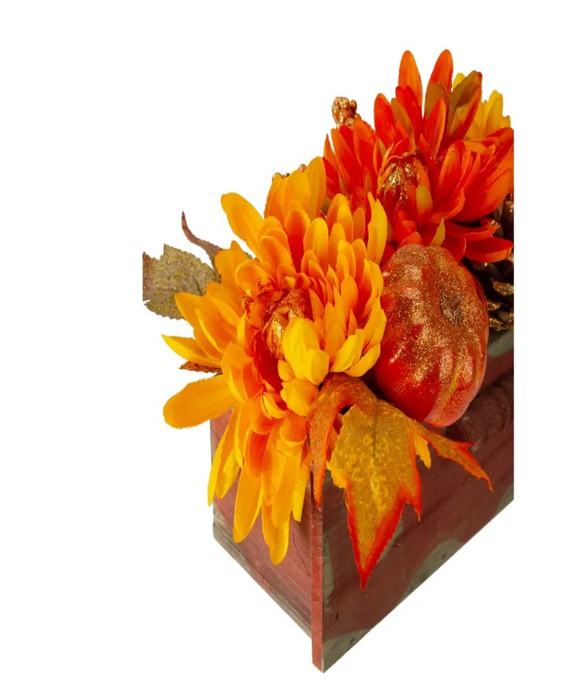 14" Autumn Harvest Maple Leaf and Berry Arrangement in Rustic Wooden Box Centerpiece
