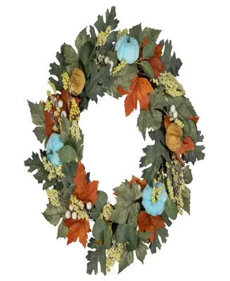 Green and Orange Foliage and Gourds Thanksgiving Artificial Wreath 22"