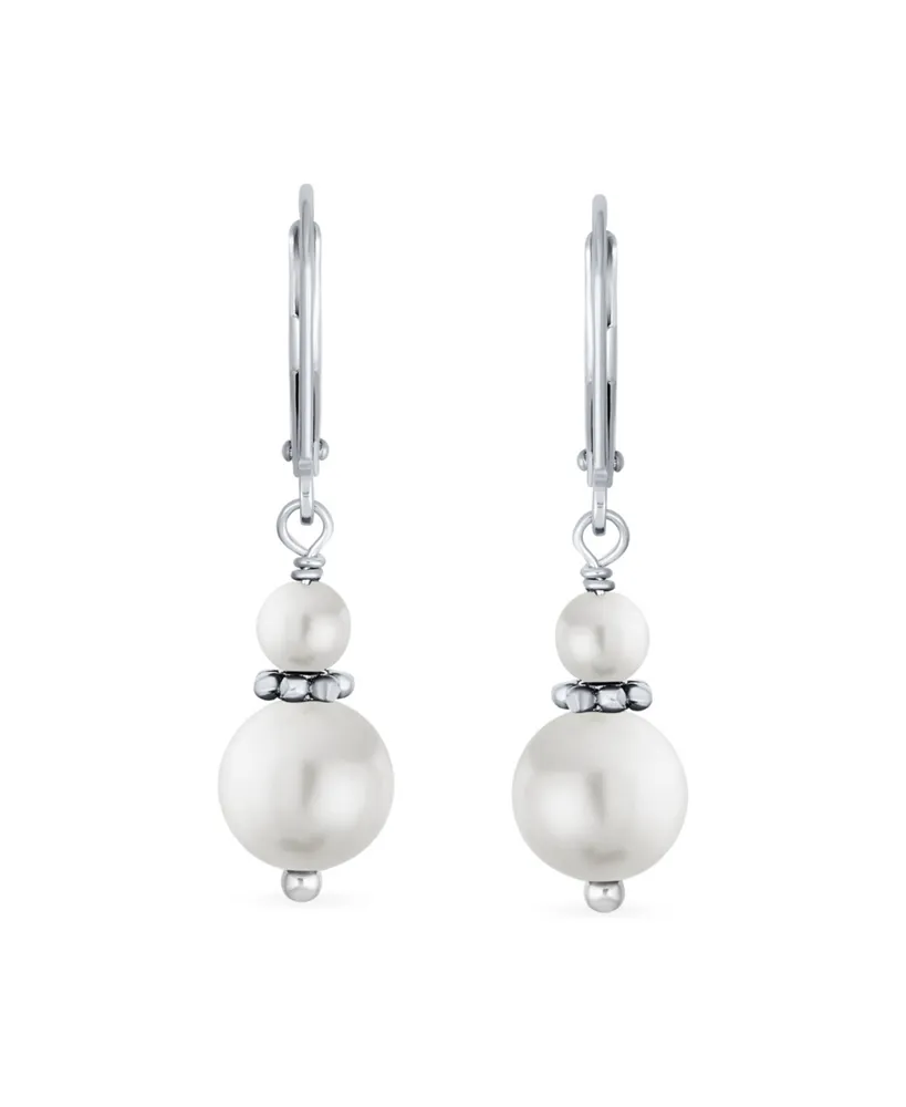 Bling Jewelry Bridal Edged Rondel Bead Double White Freshwater Cultured Pearl Pear Shape Teardrop Dangle Earrings Sterling Silver Lever back Wedding J