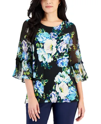 Jm Collection Women's Claudia Floral-Print Ruffled-Sleeve Top, Created for Macy's