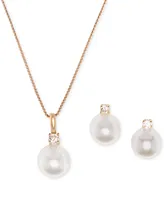 2-Pc. Set Cultured Freshwater Pearl (7-1/2 & 8-1/2mm) Cubic Zirconia Pendant Necklace Matching Stud Earrings Sterling Silver